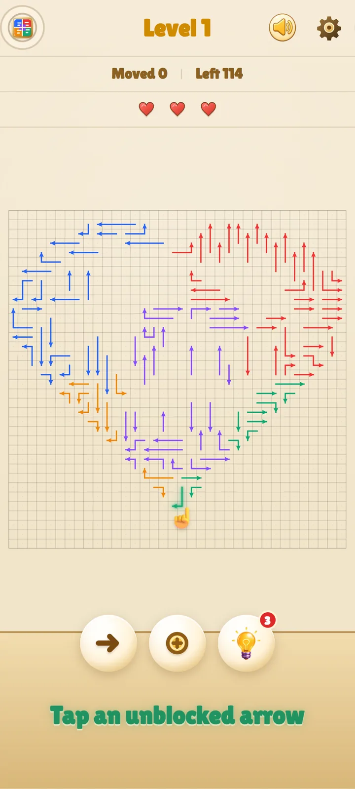 Arrows Go puzzle board and controls on a mobile screen